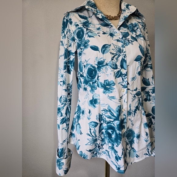 HAWKES & CURTIS London Hipster Floral White and  Blue Women's Dress Shirt.Size 8 - Picture 3 of 12